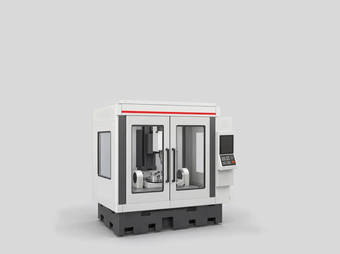 Aril 5 fully assembled: enclosed 5-axis vertical machining center with red-striped top panel.