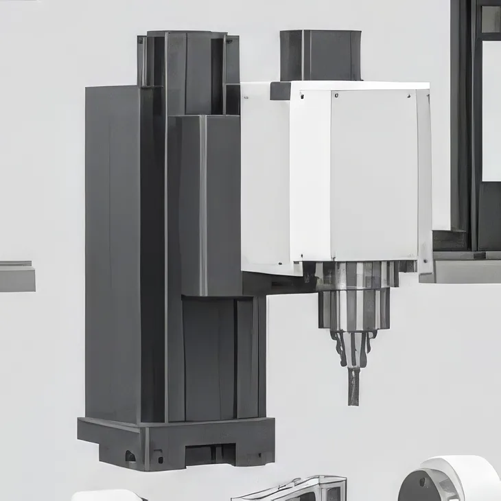 Spindle head and vertical column of the Aril 5, separated from the machine, on a light gray background.