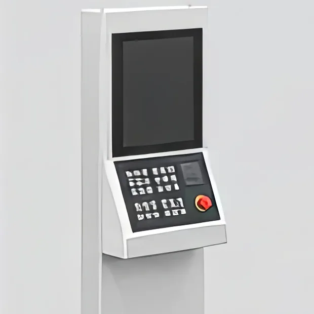CNC control panel with screen, keypad and red emergency stop button, on a light gray background.