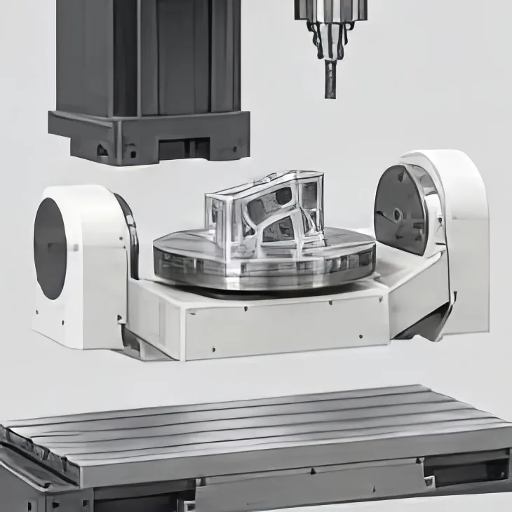 Trunnion rotary table with a workpiece clamped on top and the slide table below, on a light gray background.