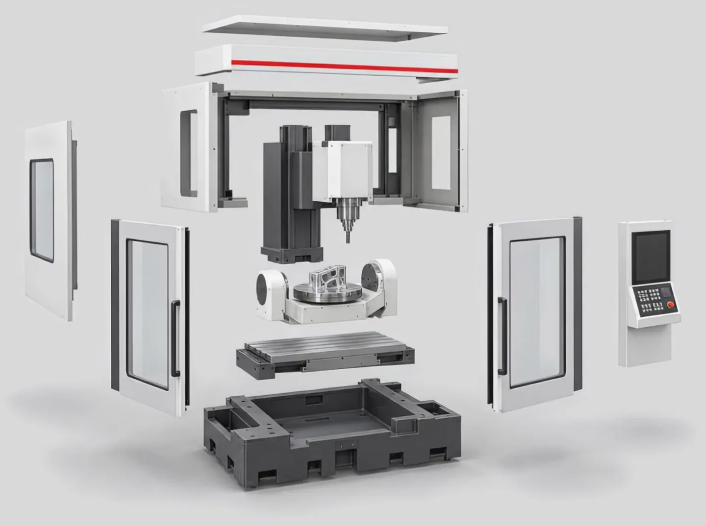 Exploded view of the Aril 5: base, slide table, trunnion table, spindle and column, enclosure frame, top front panel, roof, left side panel, two doors, control panel.